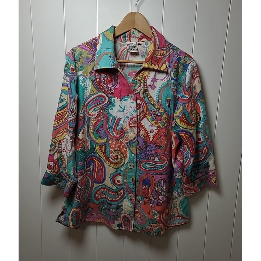 Parsley & Sage Womens Lagenlook Wearable Art Button Top Size XL Floral Colorful